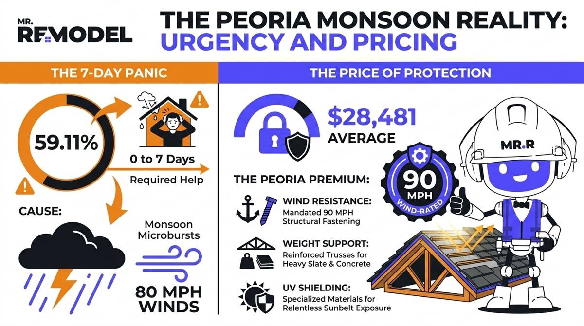 A 2026 Peoria roofing cost and emergency summary infographic illustrating the 59% high-urgency rate and the structural requirements that drive the $28,481 local price point.